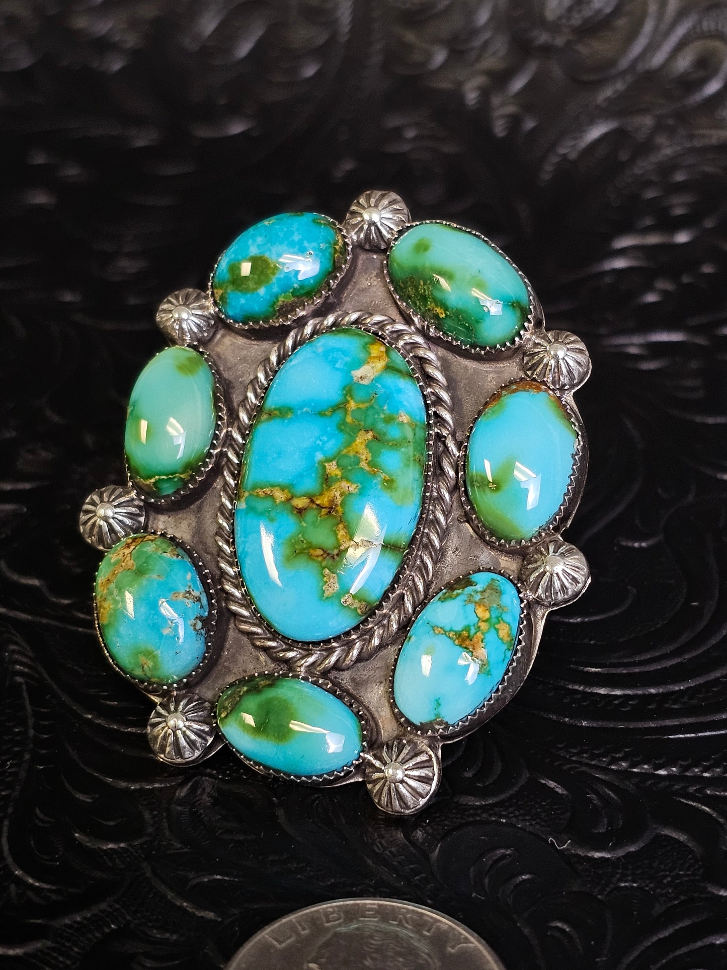 Cordarllo Lorenzo Chee Sonoran Gold Turquoise Cluster Ring (Navajo handmade)