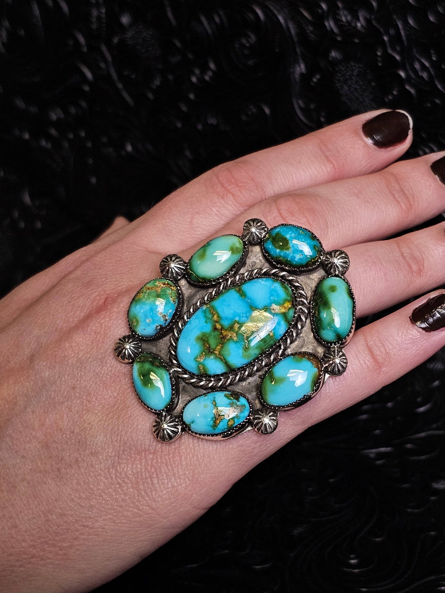 Cordarllo Lorenzo Chee Sonoran Gold Turquoise Cluster Ring (Navajo handmade)