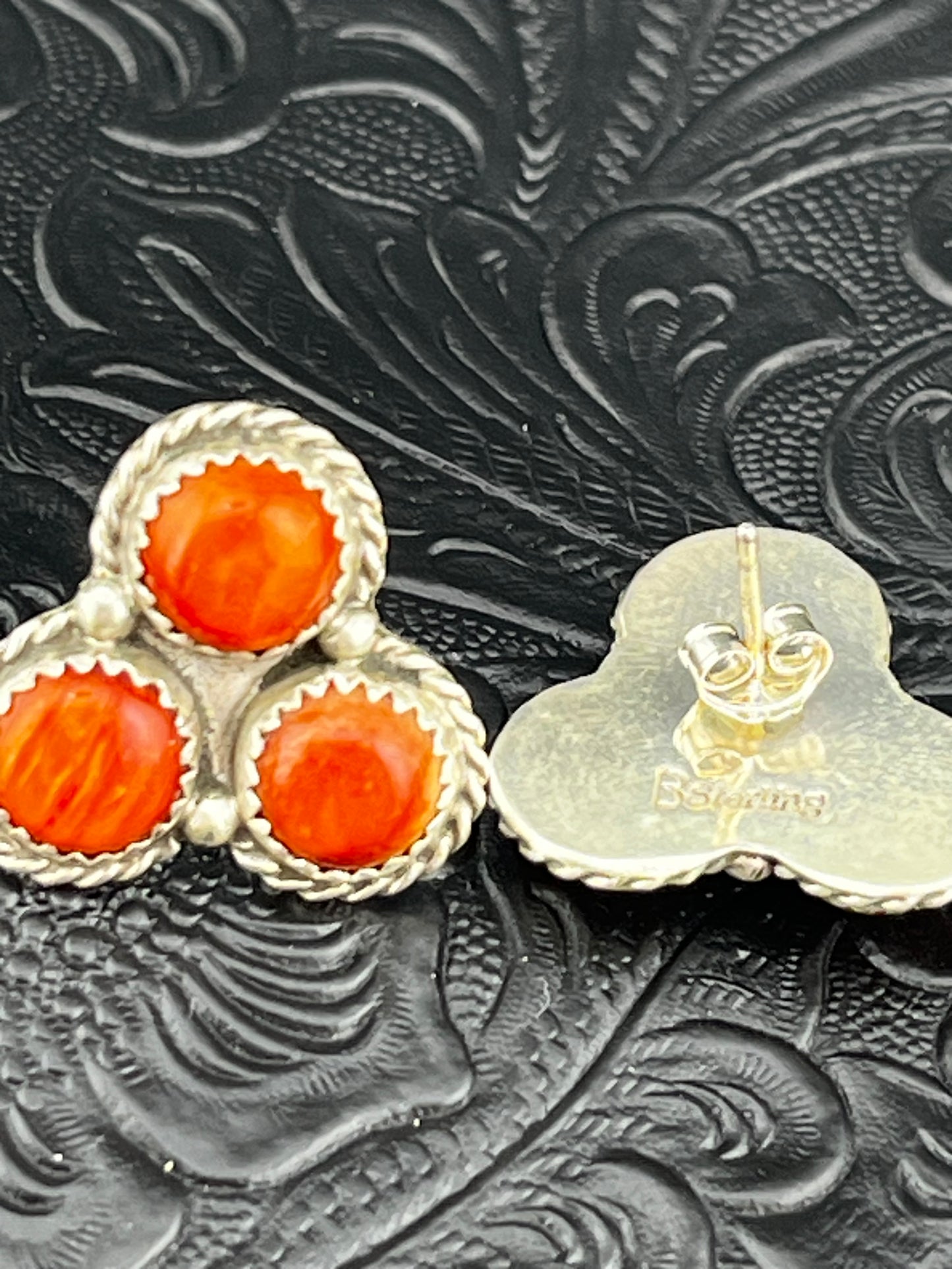 Myra Benally Orange Spiny Oyster Handmade Navajo Stud Earrings