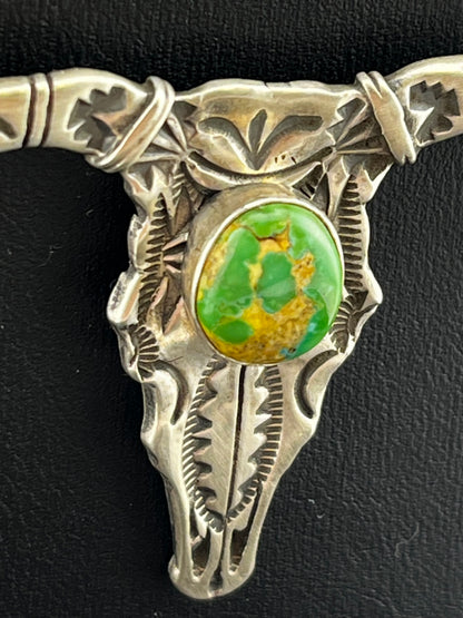 Leroy James Sonoran Gold Turquoise Handmade Navajo Bull Skull 21" Necklace