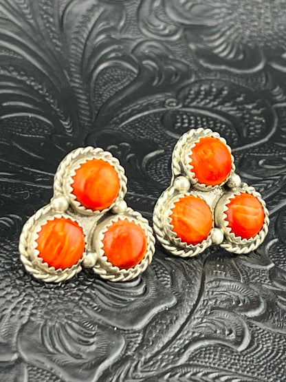 Myra Benally Orange Spiny Oyster Handmade Navajo Stud Earrings