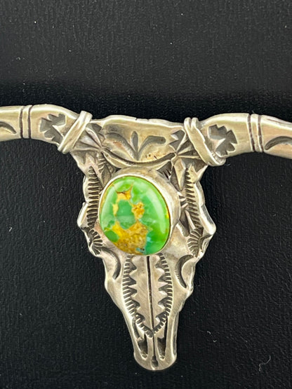 Leroy James Sonoran Gold Turquoise Handmade Navajo Bull Skull 21" Necklace