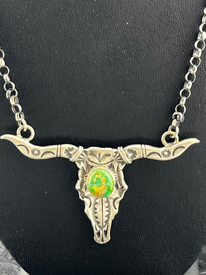 Leroy James Sonoran Gold Turquoise Handmade Navajo Bull Skull 21" Necklace