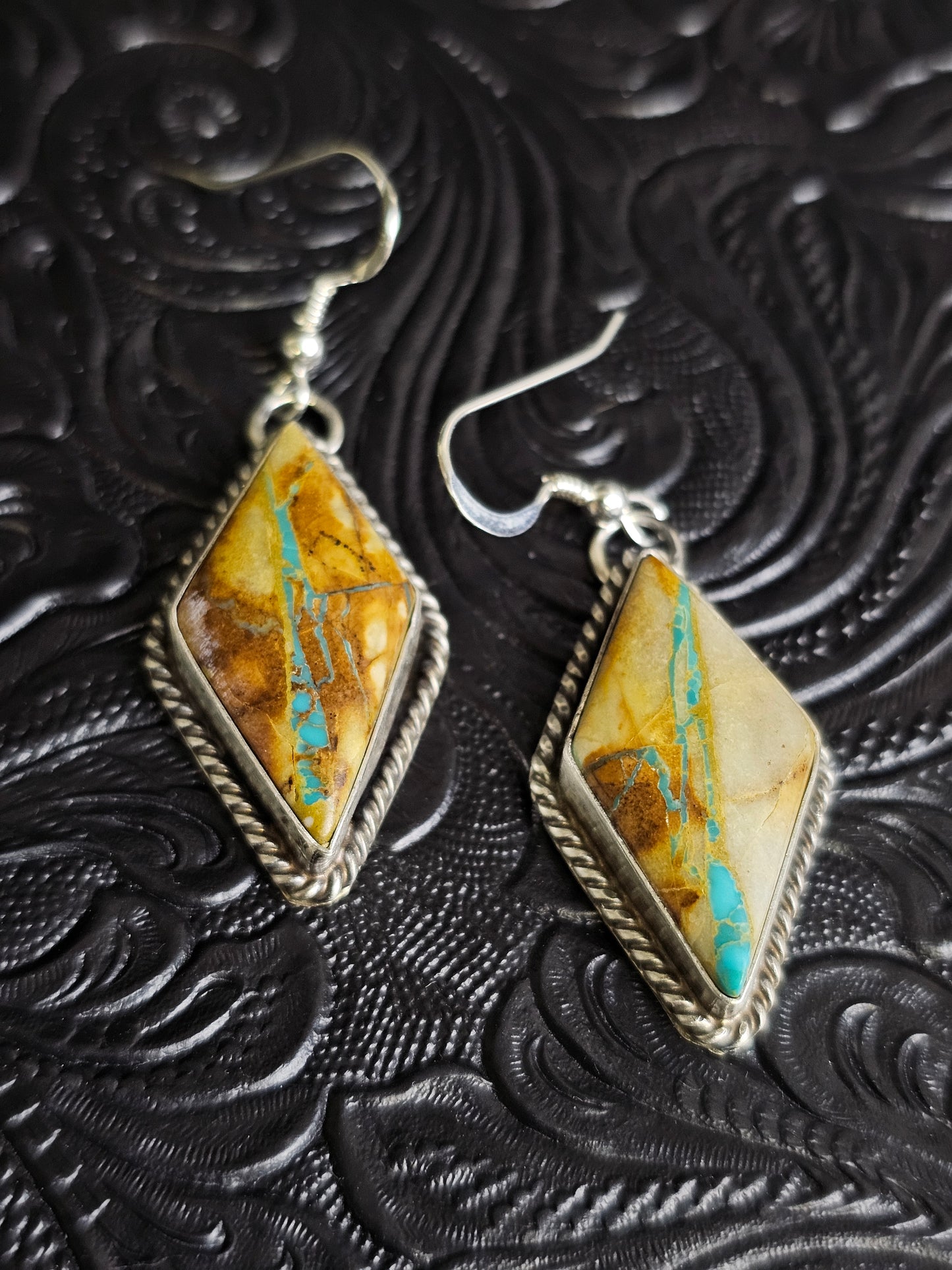 M. House Jr Royston Ribbon Turquoise Handmade Navajo Dangle Earrings