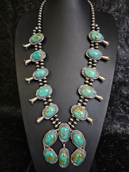 Gilbert Nez Navajo Handmade Kingman Turquoise Squash Blossom Necklace