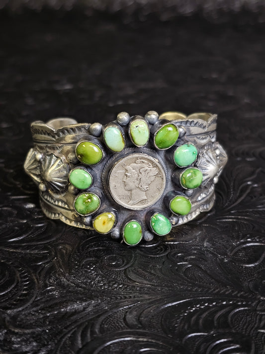 Tillie John Navajo Handmade Mercury Dime Sonoran Gold Cluster Cuff Bracelet