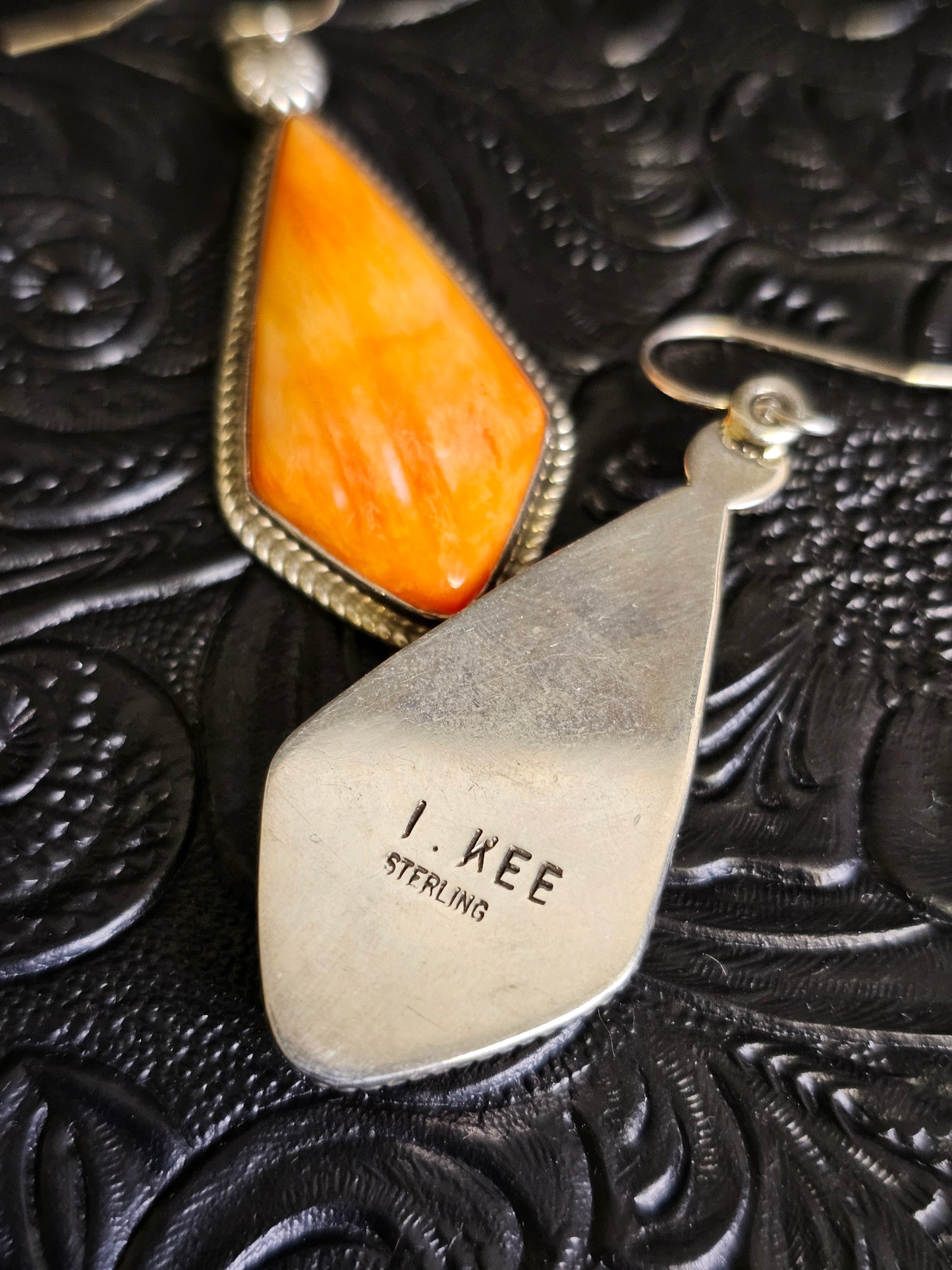 Irene Kee Navajo Handmade Spiny Oyster Kite Shaped Dangle Earrings