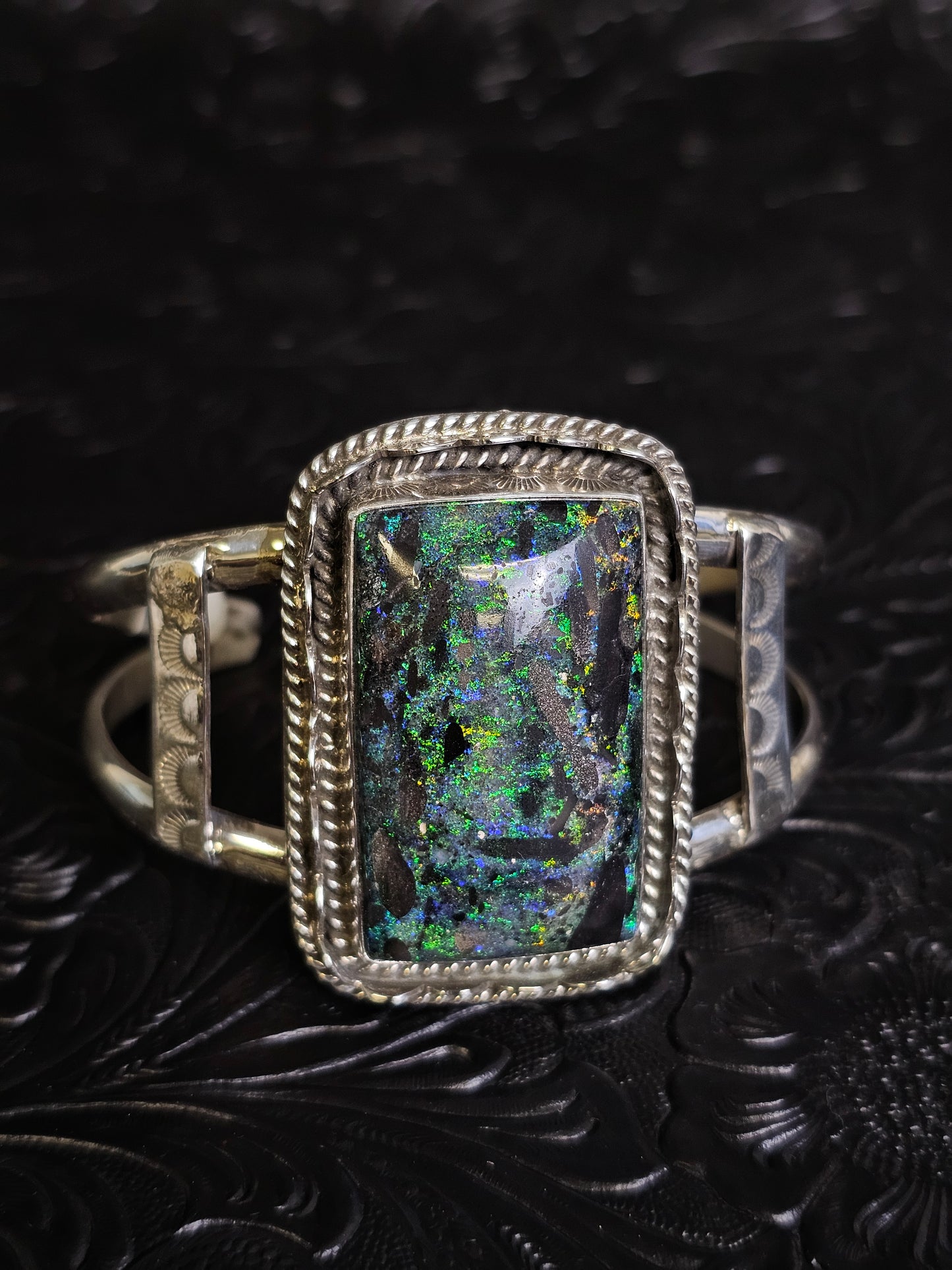 Jakaiya M. Navajo Handmade Andamooka Opal Cuff Bracelet