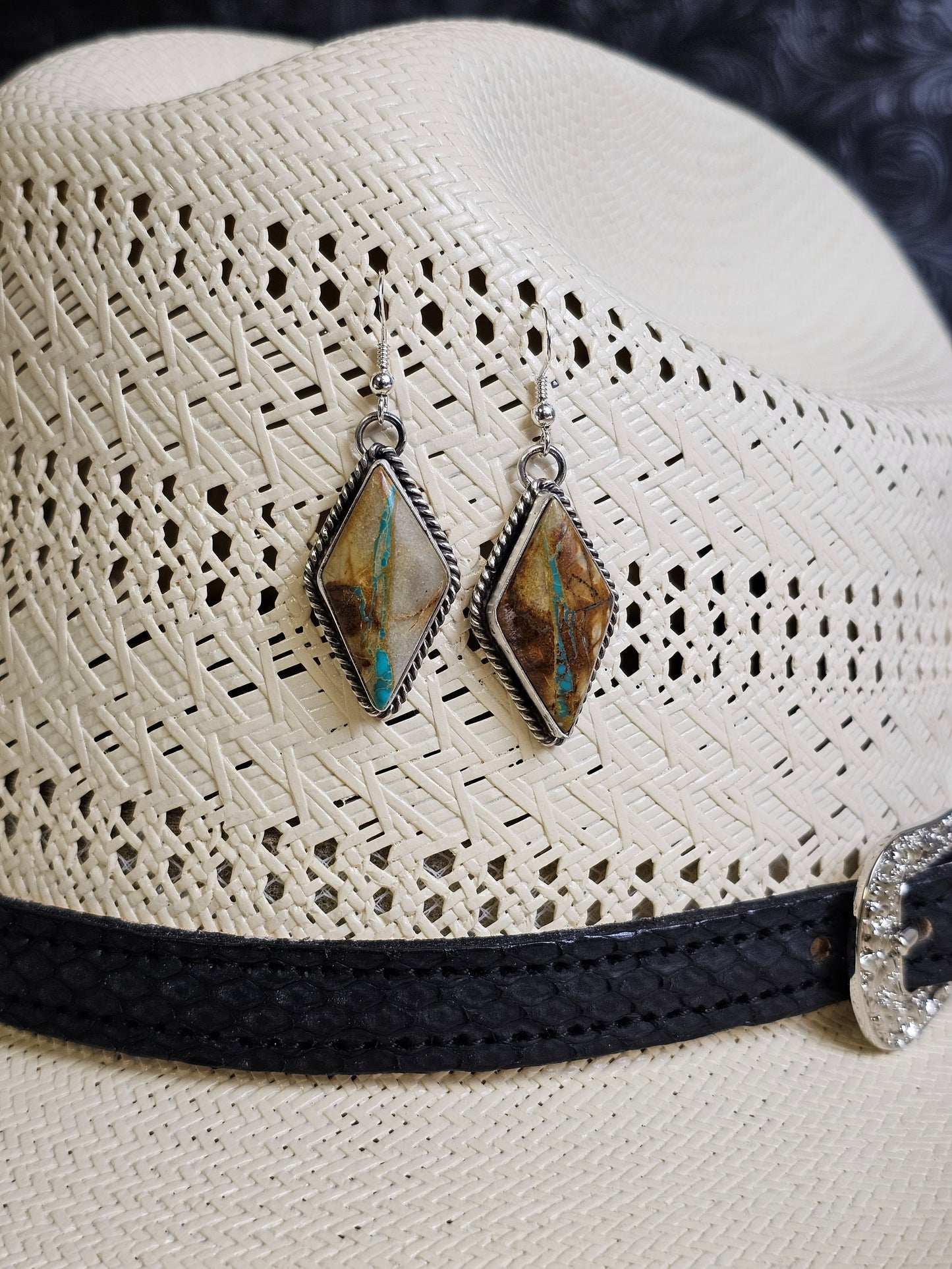 M. House Jr Royston Ribbon Turquoise Handmade Navajo Dangle Earrings