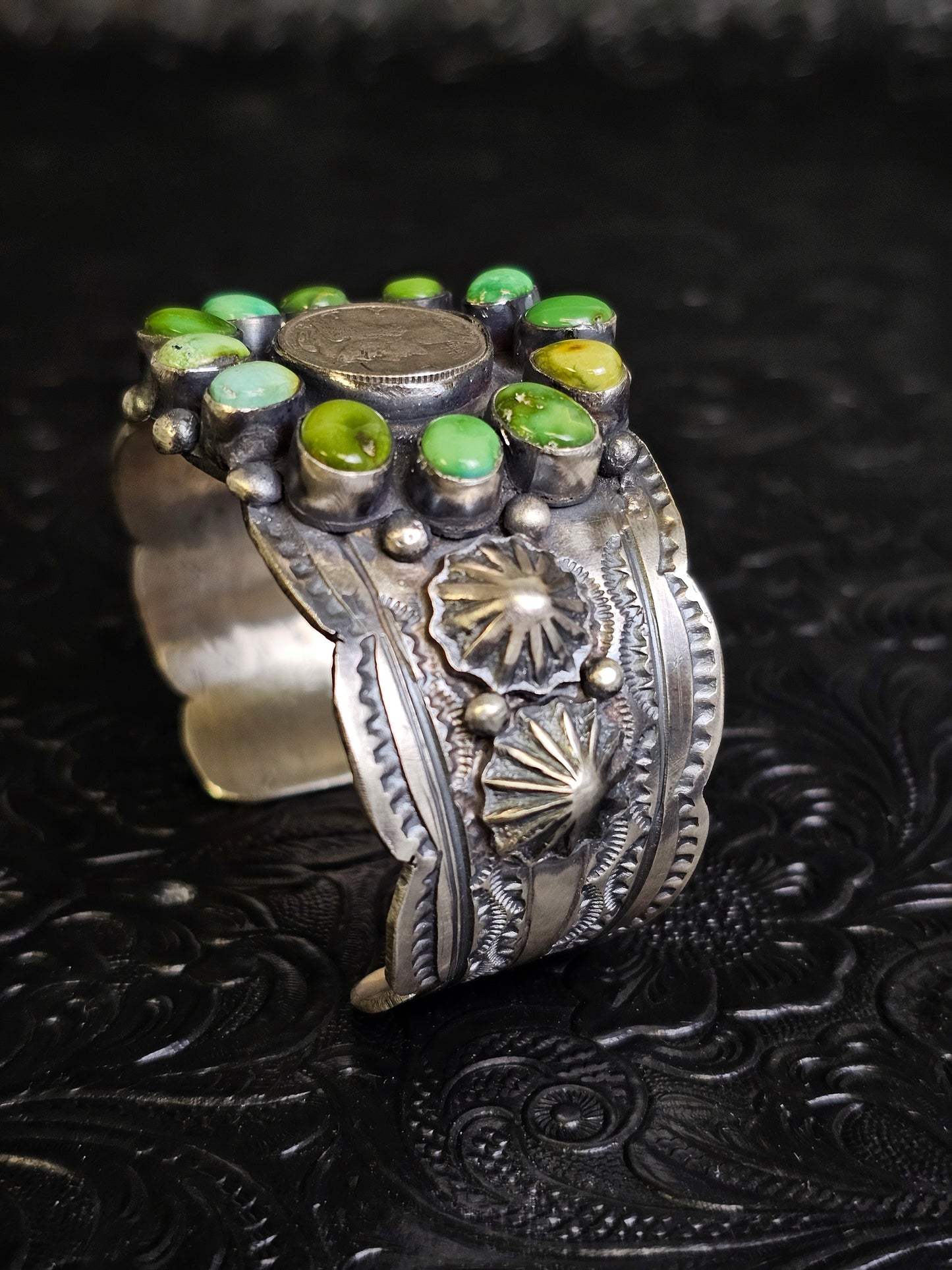 Tillie John Navajo Handmade Mercury Dime Sonoran Gold Cluster Cuff Bracelet