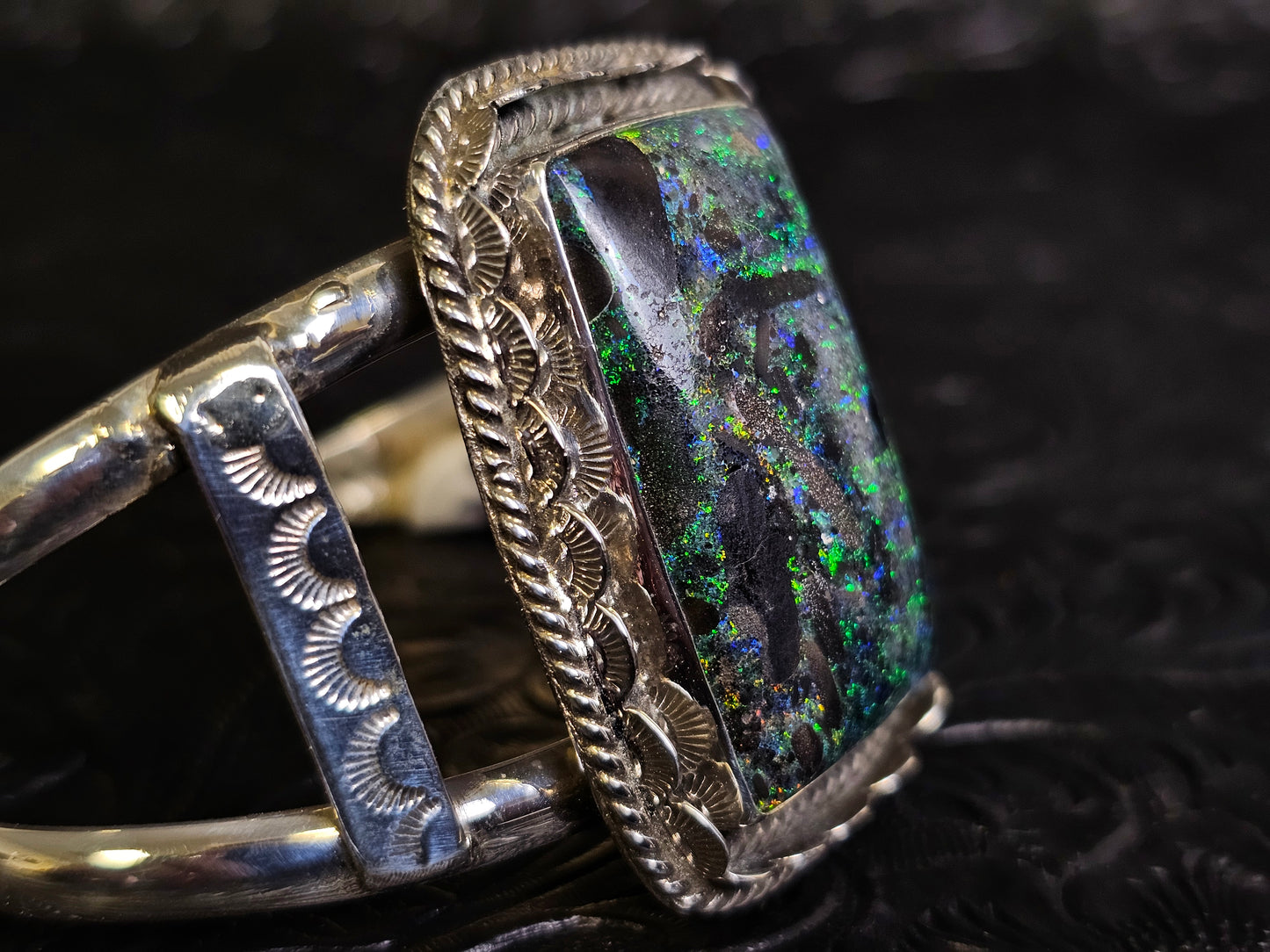 Jakaiya M. Navajo Handmade Andamooka Opal Cuff Bracelet