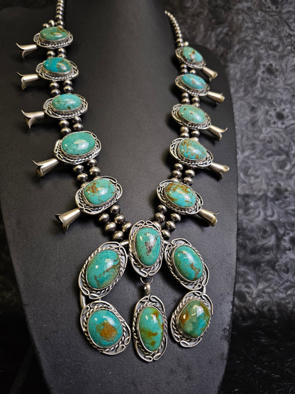 Gilbert Nez Navajo Handmade Kingman Turquoise Squash Blossom Necklace